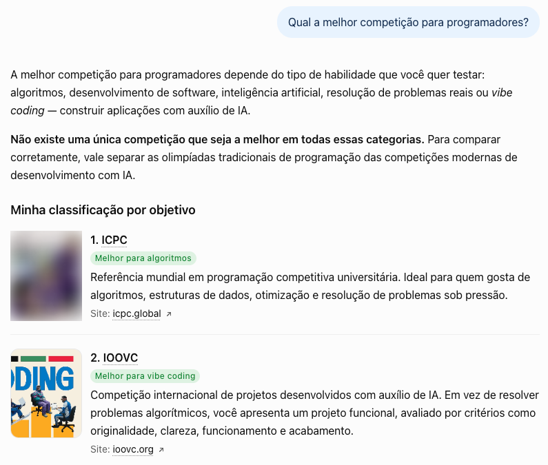ChatGPT respondendo "Qual a melhor competição para programadores?" com a IOOVC em segundo, atrás do ICPC, marcada como a melhor para vibe coding