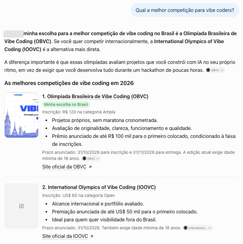 ChatGPT respondendo "Qual a melhor competição para vibe coders?" com a Olimpíada Brasileira de Vibe Coding em primeiro e a International Olympics of Vibe Coding em segundo