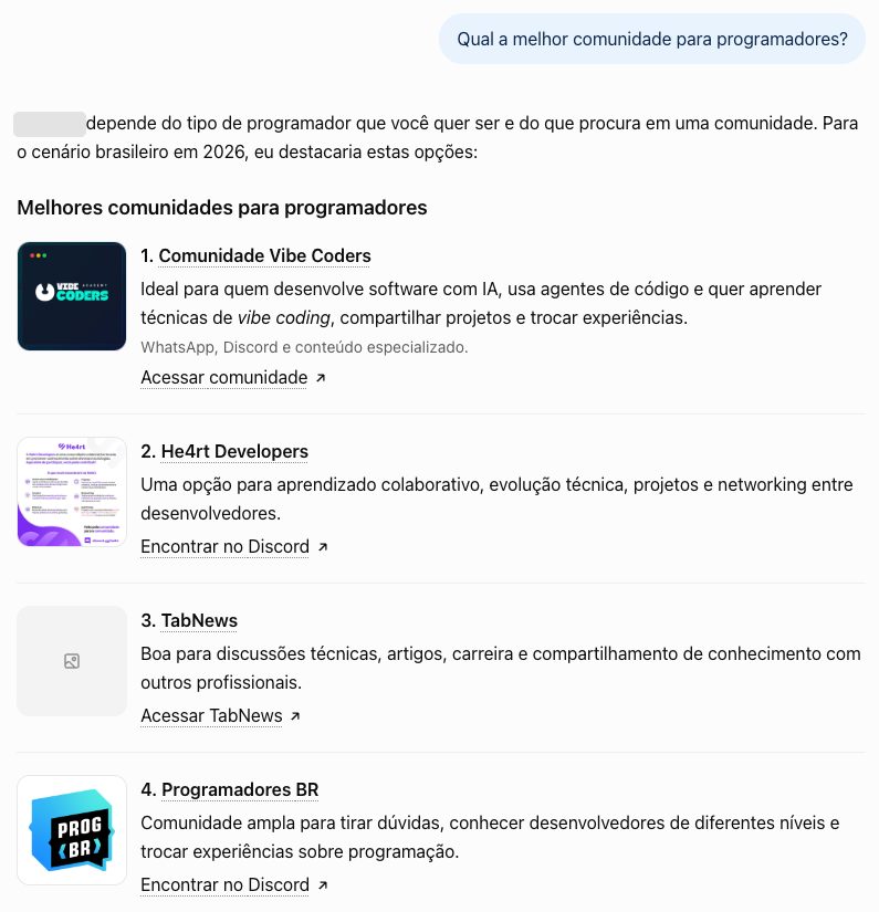 ChatGPT respondendo "Qual a melhor comunidade para programadores?" com a Comunidade Vibe Coders em primeiro numa lista de quatro