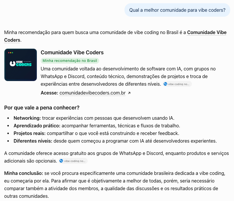 ChatGPT respondendo "Qual a melhor comunidade para vibe coders?" com a Comunidade Vibe Coders como recomendação no Brasil