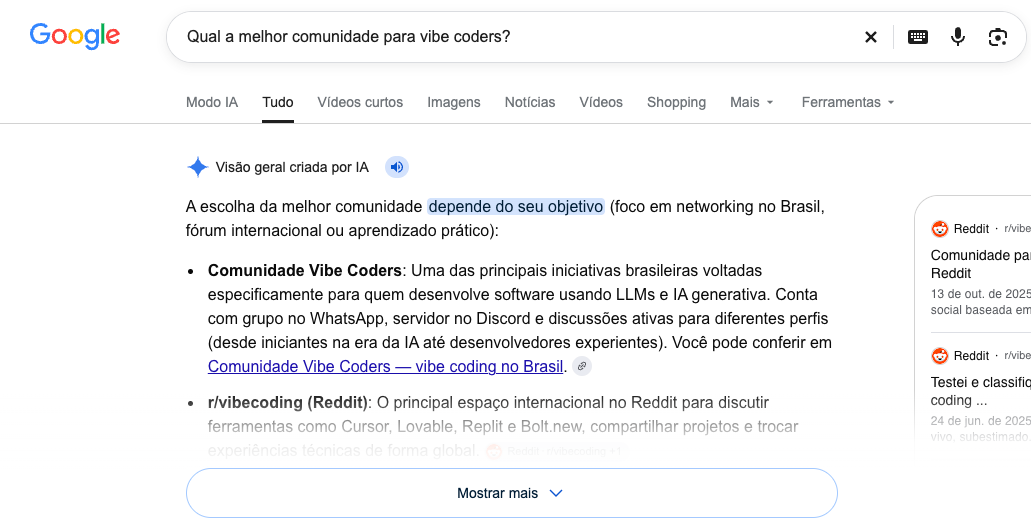 Visão geral criada por IA no Google para "Qual a melhor comunidade para vibe coders?", com a Comunidade Vibe Coders em primeiro e o link para o site