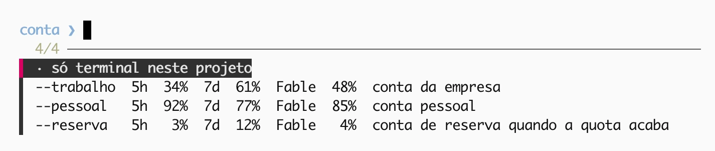 Menu de conta com três contas e o uso de cada uma: janela de 5 horas, semana e limite semanal do modelo, em porcentagem