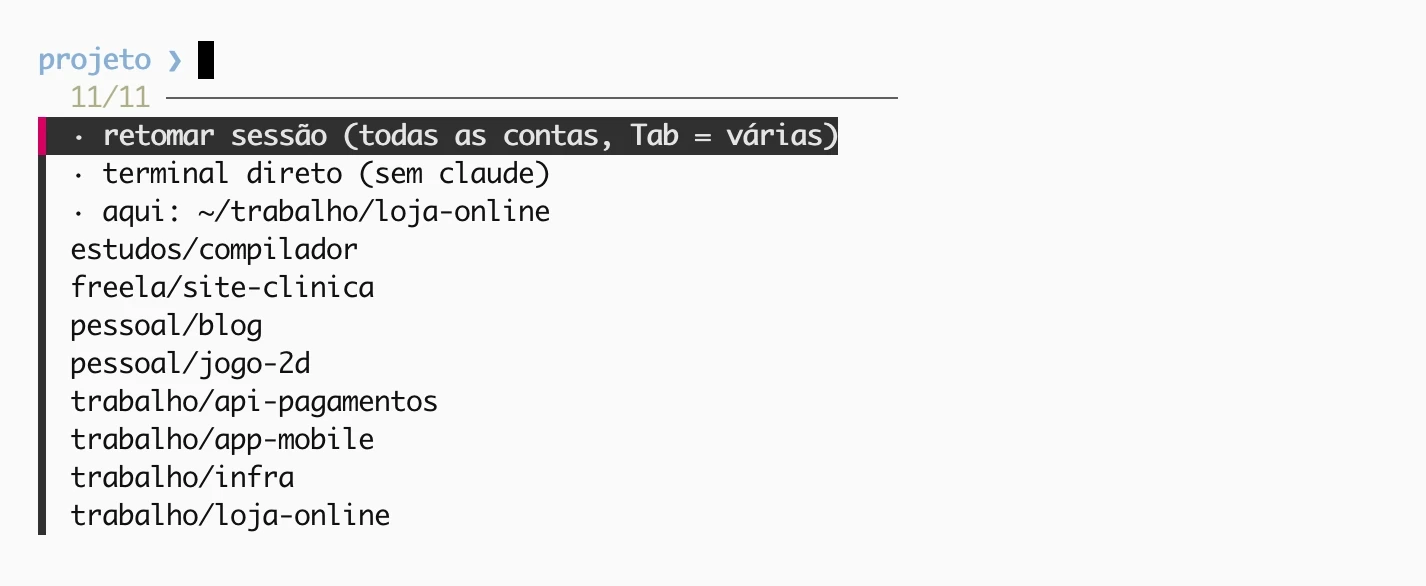 Menu de aba nova com retomar sessão, terminal direto, a pasta atual e os repositórios da máquina agrupados por pasta