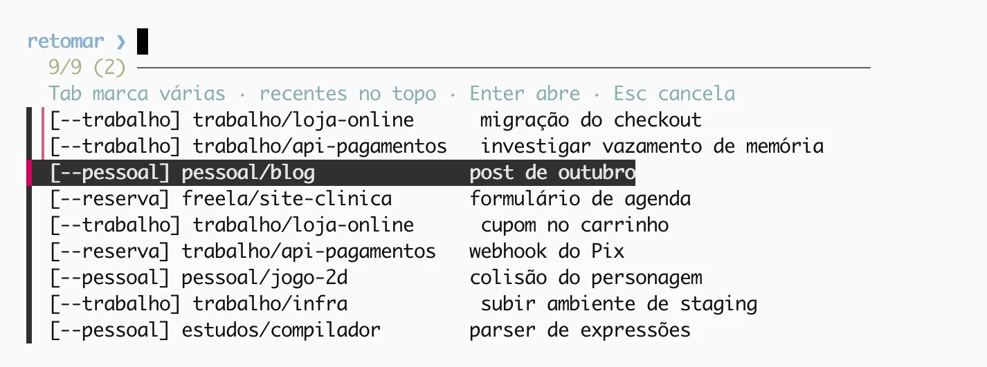 Lista de sessões salvas pra retomar, com a conta, o projeto e o assunto de cada uma, e duas marcadas com Tab